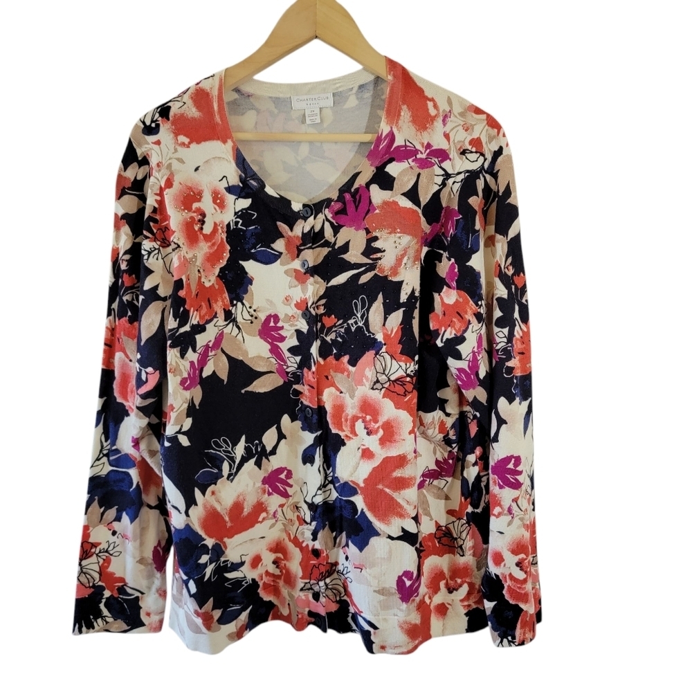 CHARTER CLUB Multicolored Floral Button-Up Sweater Top 2X Cottagecore Summer